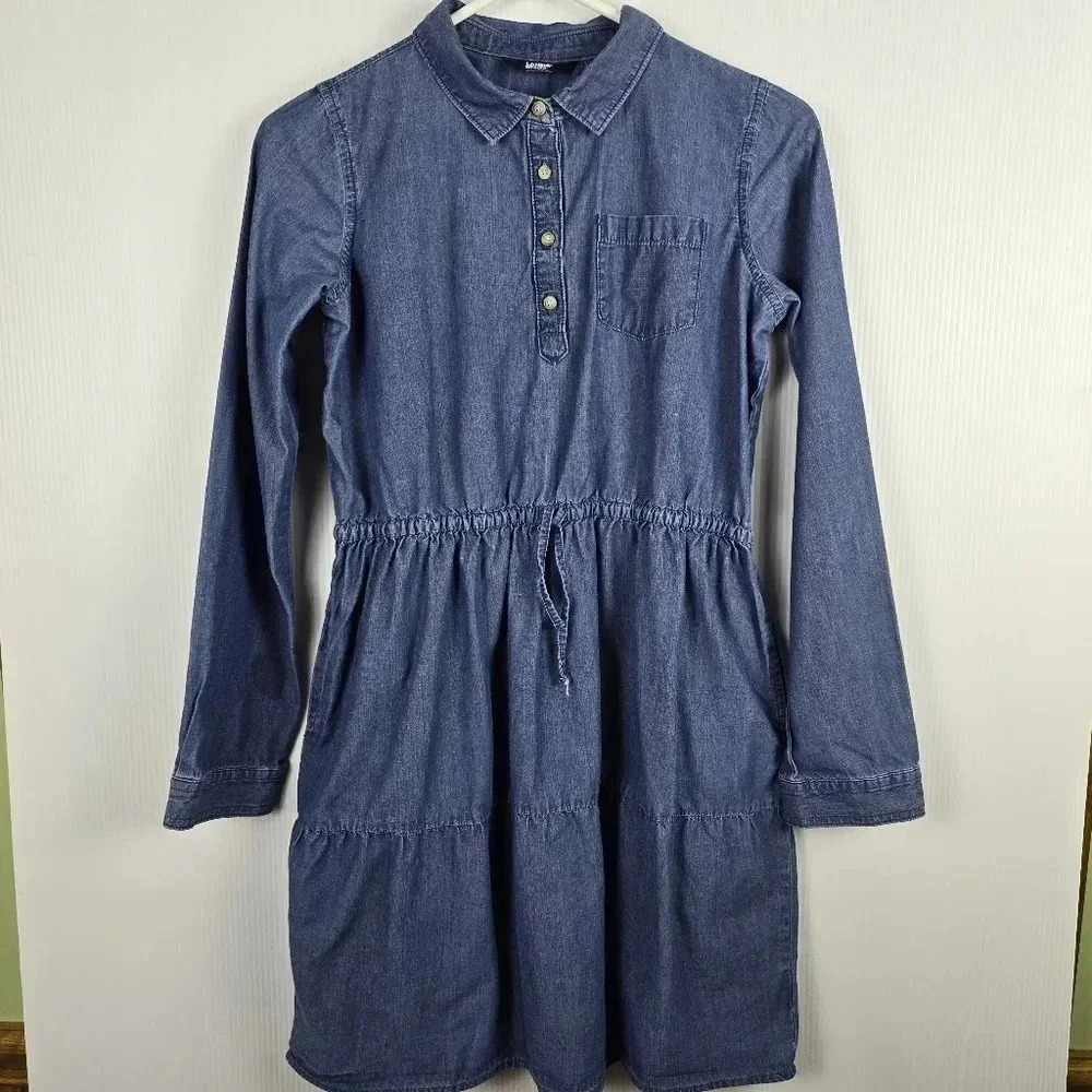 Lands' End denim long sleeve girls knee length dress size 14